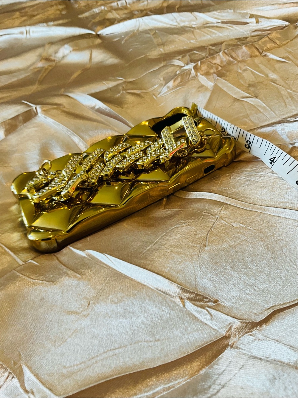 Gold Quilted Rhinestone Chain Phone Case - Compatible I Phone 12 Accessory - Picture 4 of 9